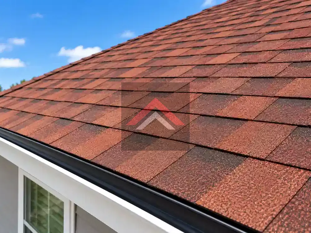 Newly installed reddish-brown architectural asphalt shingles arranged in neat rows on a residential roof in Beaumont, TX.