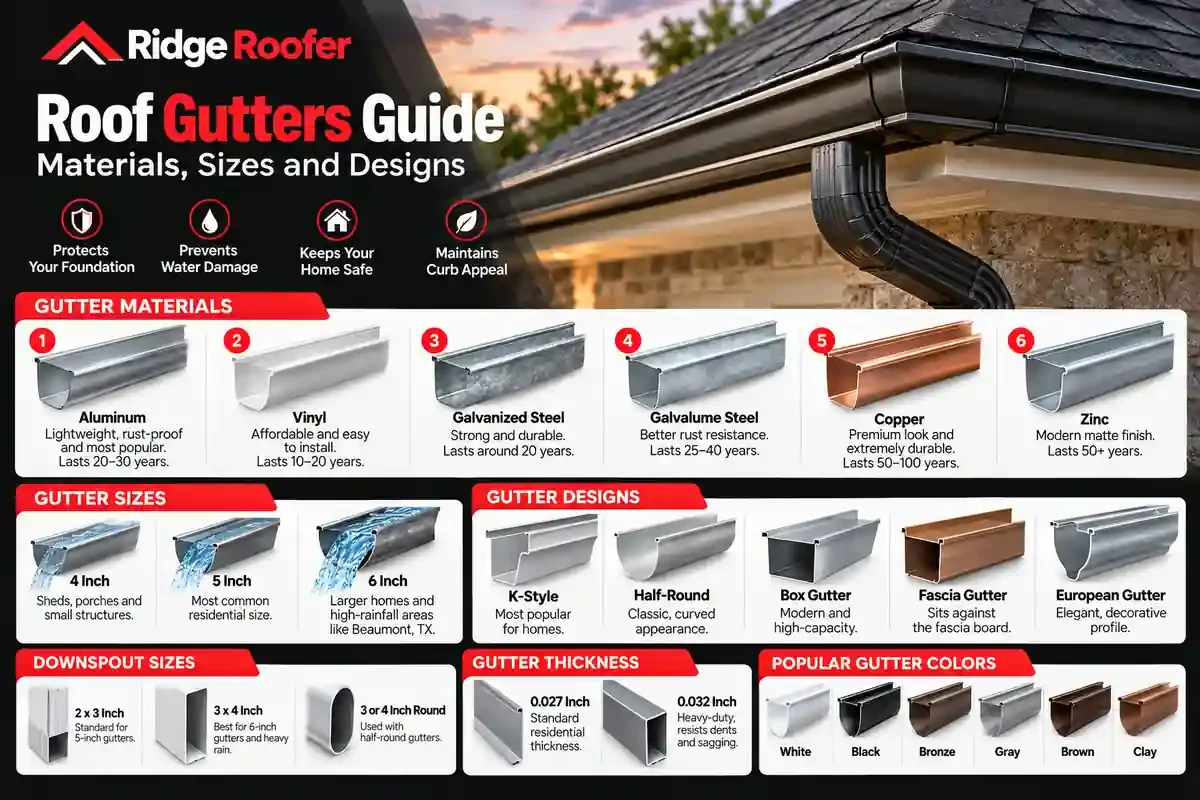 Roof gutter materials, sizes, designs, downspouts, thicknesses, and colors for homes.