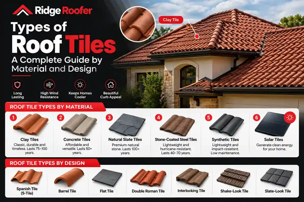 Types of roof tiles by material and design, including clay, concrete, slate, synthetic, solar and metal tiles.