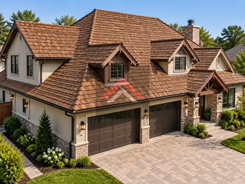 Newly installed brown cedar shake roof on a renovated home with a clean driveway and landscaped yard