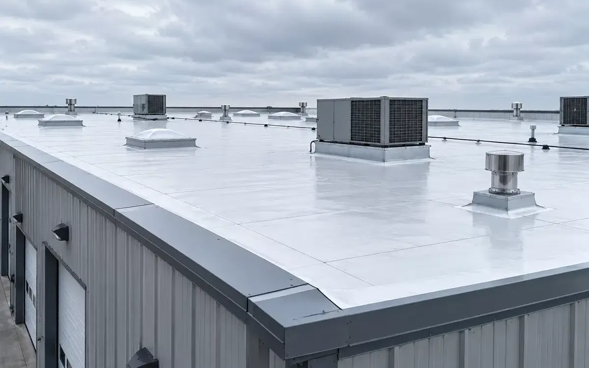 Commercial Flat Roof with HVAC Systems Large commercial building with a flat white roofing membrane, rooftop HVAC units, vents, and skylights in Beaumont, TX.
