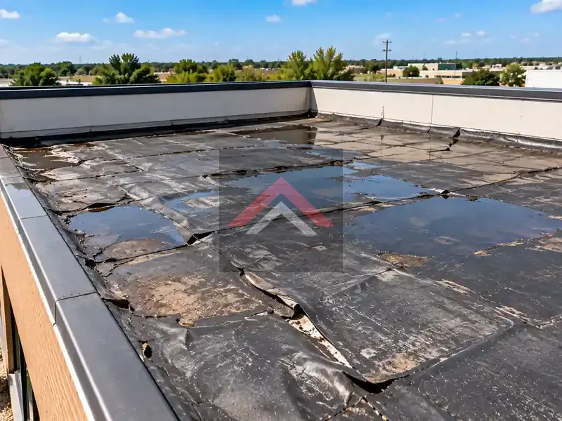 Damaged EPDM Rubber Commercial Roof Before Repair in Beaumont TX