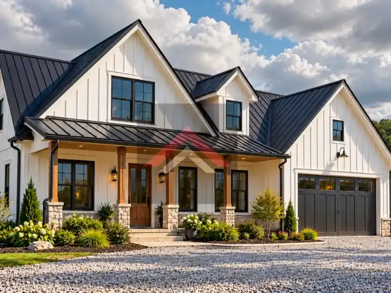 Modern farmhouse with new black standing seam metal roof and landscaped yard in Beaumont TX