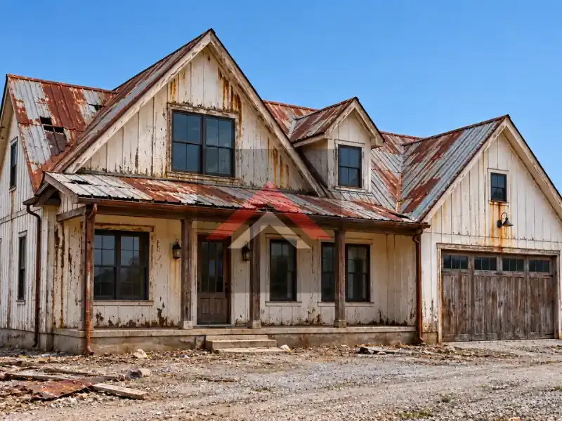 Weathered farmhouse with rusty corrugated metal roof and peeling siding in Beaumont TX