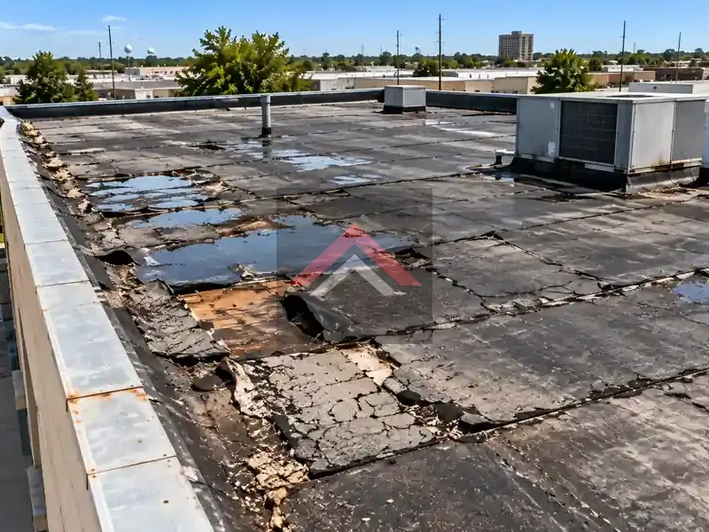 Damaged Modified Bitumen Commercial Roof Before Repair in Beaumont TX