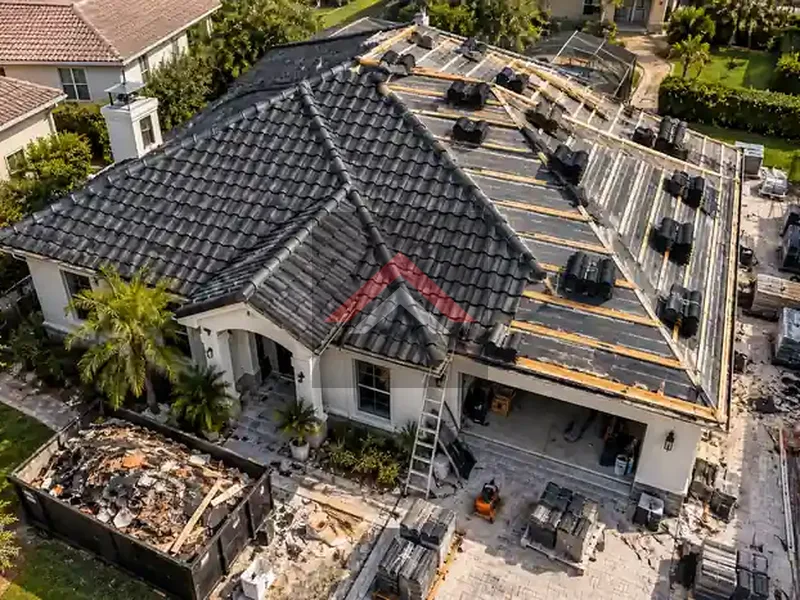 Charcoal pantile roof replacement in progress with half the roof completed and construction debris on the ground