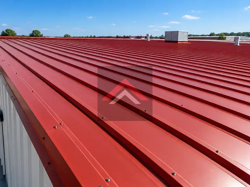 Red standing-seam metal roof on a commercial building with long metal panels, rooftop HVAC units, and visible fasteners in Beaumont, TX.