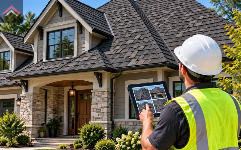 Roof Inspection in Beaumont, TX Roofer inspecting a charcoal shingle roof in Beaumont TX