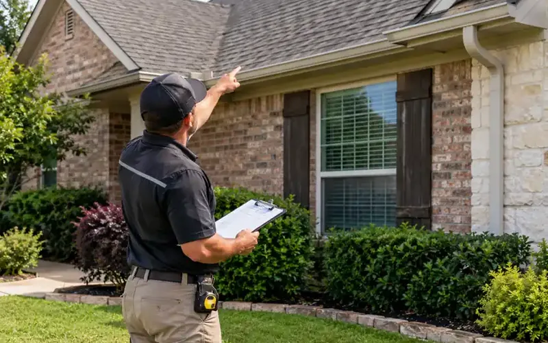 Roofing contractor inspecting a residential shingle roof while standing on the front lawn with a clipboard.