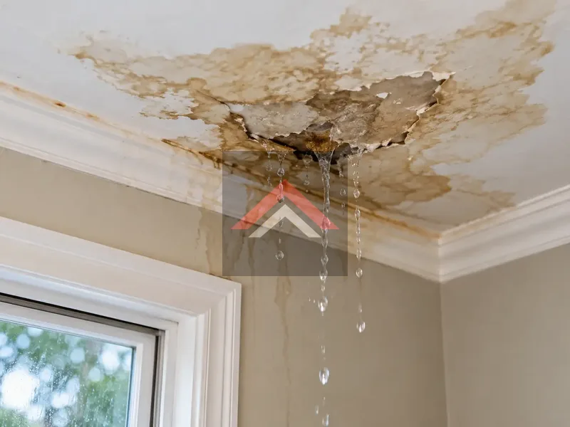 Roof water damage showing brown ceiling stains, peeling plaster, and water leaking through the ceiling.
