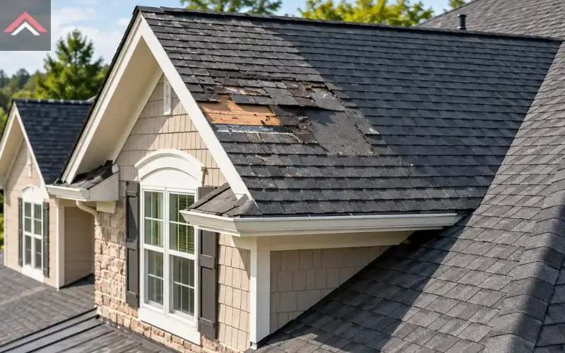Roof repair in Beaumont, TX Roof repair in Beaumont, TX: damaged and missing asphalt shingles on a home