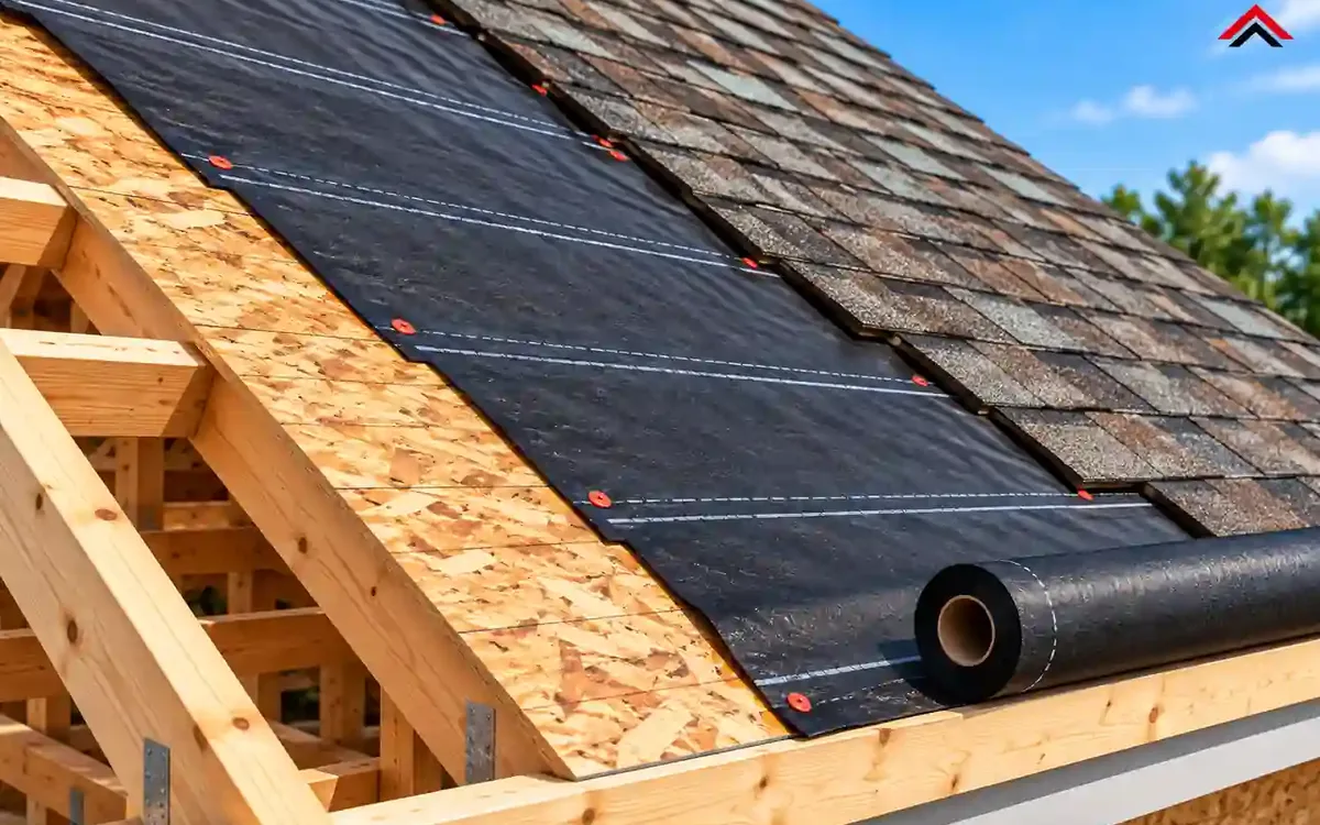 Asphalt Shingle Roof Waterproof Underlayment Installation Black waterproof roofing underlayment sheet installed over OSB roof decking beneath asphalt shingles during roof construction.