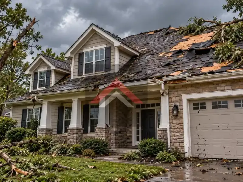 Storm-damaged roof with missing shingles in Beaumont TX