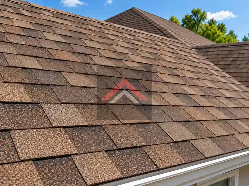 Newly installed brown architectural asphalt shingles arranged in clean, even rows on a residential roof after replacement.