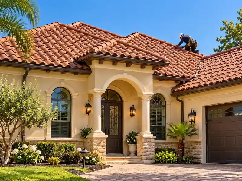 Mediterranean home with terracotta tile roof and roofer at work in Beaumont TX