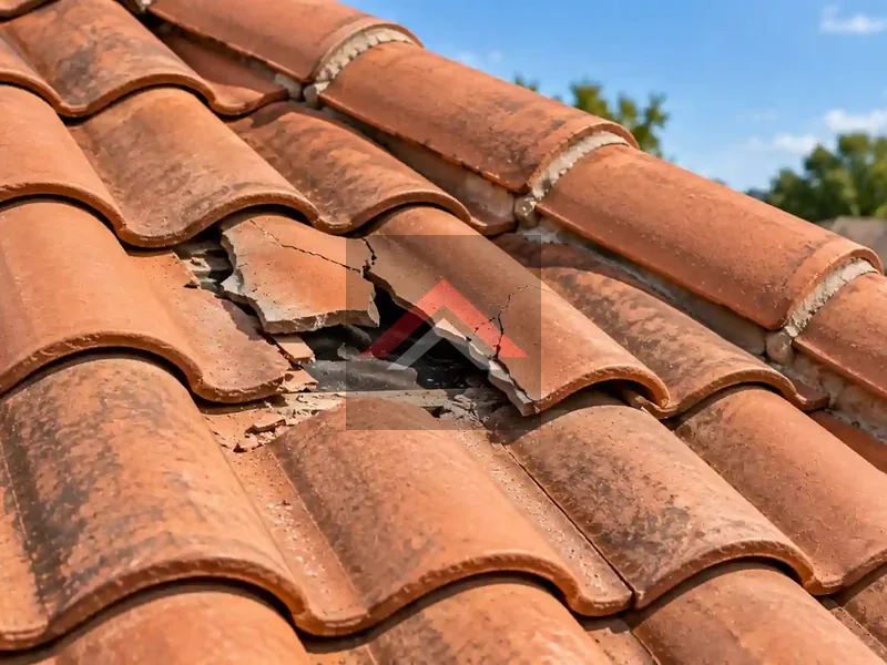 Damaged terracotta tile roof with cracked and broken tiles exposing the underlying roof structure before repair.