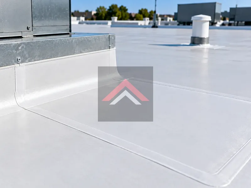 Repaired white TPO flat roof membrane with neatly welded seams and sealed flashing around commercial HVAC equipment.